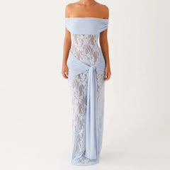 Light blue strapless gown with lace detailing on a white background