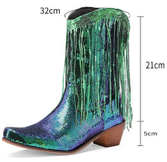 Multicolored sequin boot with fringe and measurements on a white background