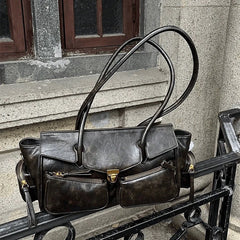 Soft Split Leather Multi-Pocket Baguette Bag