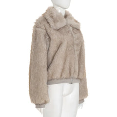 Beige faux fur jacket on a mannequin