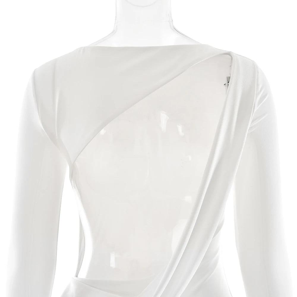 White dress on a mannequin with a plain background
