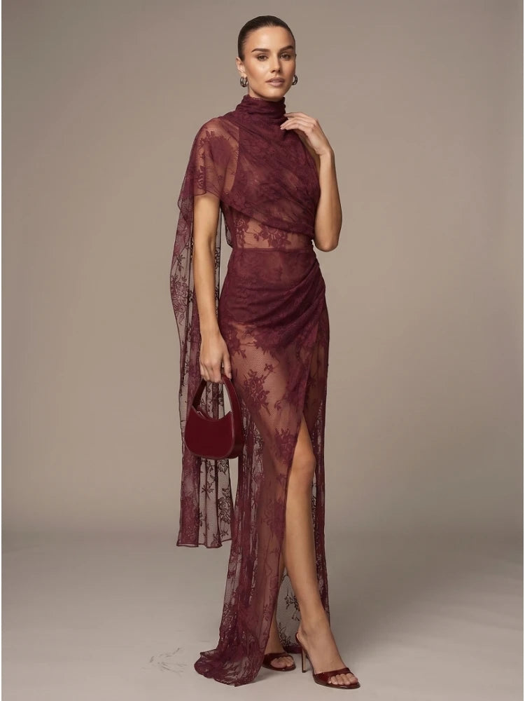 Full body view of high neck draped lace maxi dress