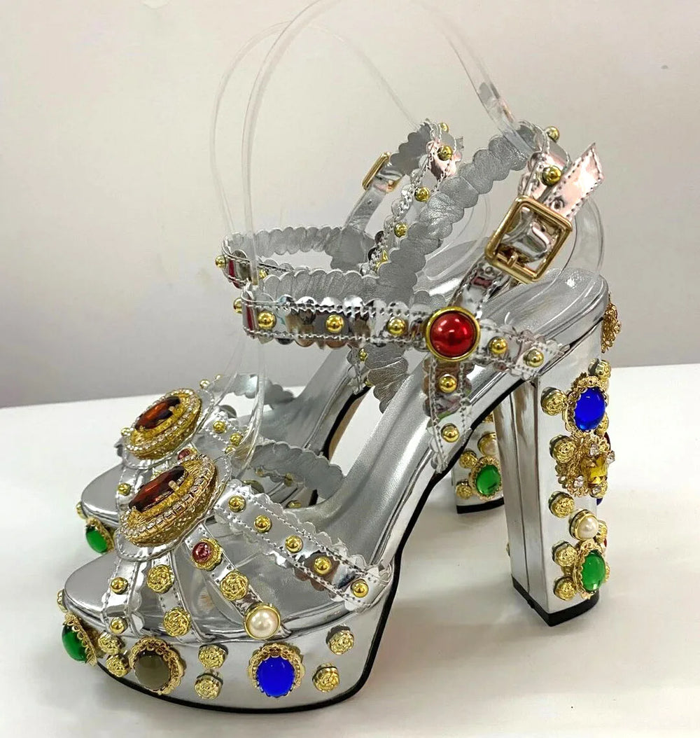 Silver embellished platform chunky heel sandals with gemstone details