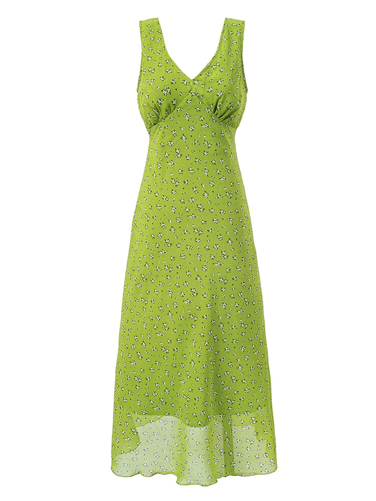 Back view of the green floral print sleeveless midi dress