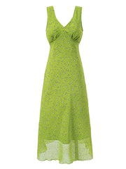 Back view of the green floral print sleeveless midi dress