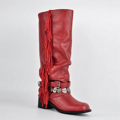 Red fringe detail block heel knee high boots