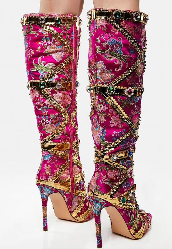 Colorful embroidered knee-high boots with gold accents