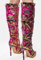 Colorful embroidered knee-high boots with gold accents