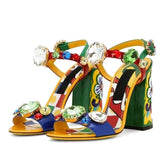 Jeweled Chunky Heel Sandals with Floral Print