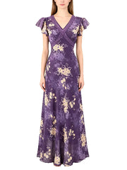 Purple floral print maxi dress with v-neckline and flutter sleeves on a mannequin.