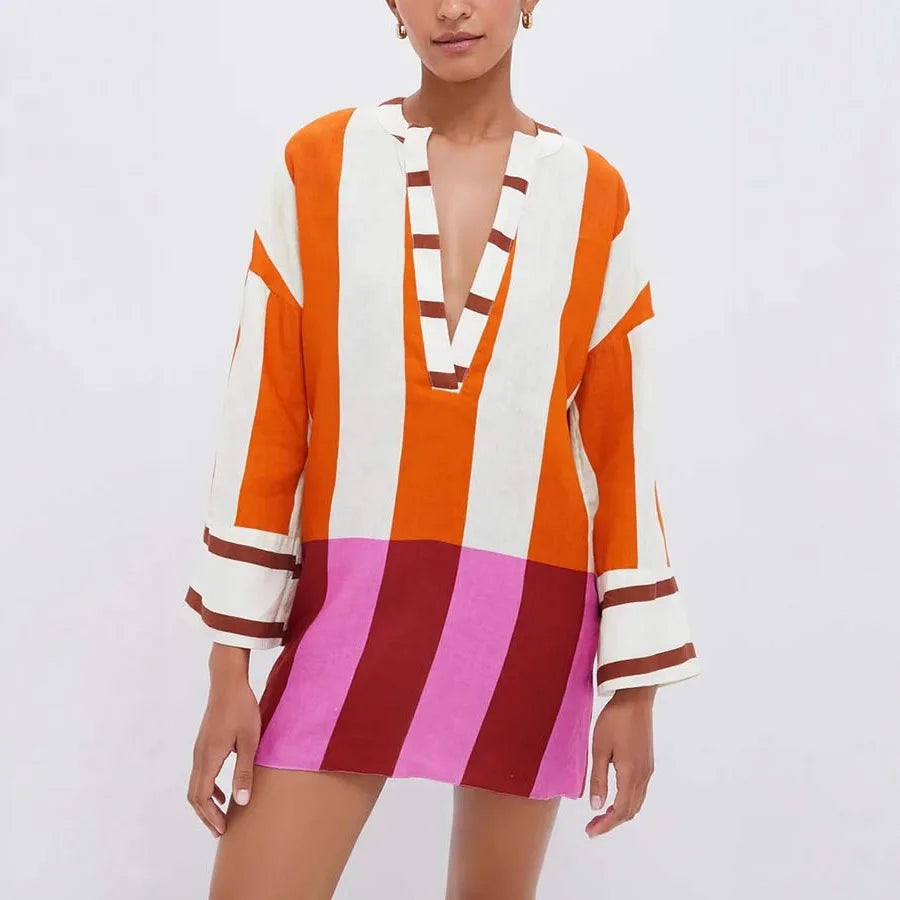 Striped v-neck mini dress with contrast trim and bell sleeves