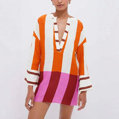 Striped v-neck mini dress with contrast trim and bell sleeves