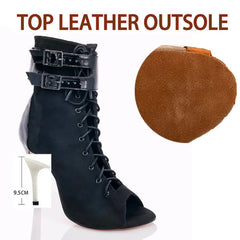 Black lace-up boot with high heel and brown outsole sample on a white background