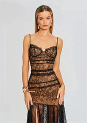 Black Lace Mesh Bodycon Gown with Sheer Overlay