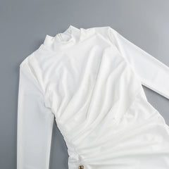 White Metal Decorated Drape Long Sleeve High Split Maxi Dress