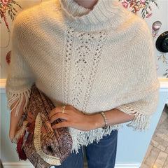 Turtleneck Fringe Cable Knit Poncho