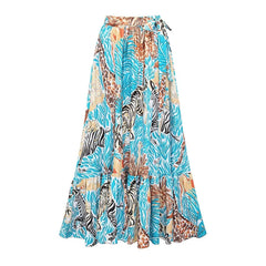 Print Halter Neck One-Piece Swimsuit with Tiered Maxi Skirt