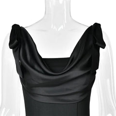Draped Satin Cowl Bow Shoulder Maxi Dress