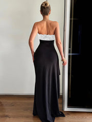 Strapless Lace Patchwork High Split Maxi Dress