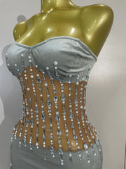 Silver Rhinestone Pearl Chain Mesh Mini Dress