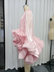 O-Neck Ruffled Organza Mini Dress with Bell Sleeves