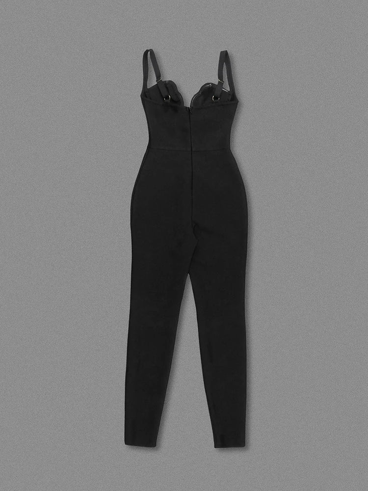 Black jumpsuit with straps on a gray background