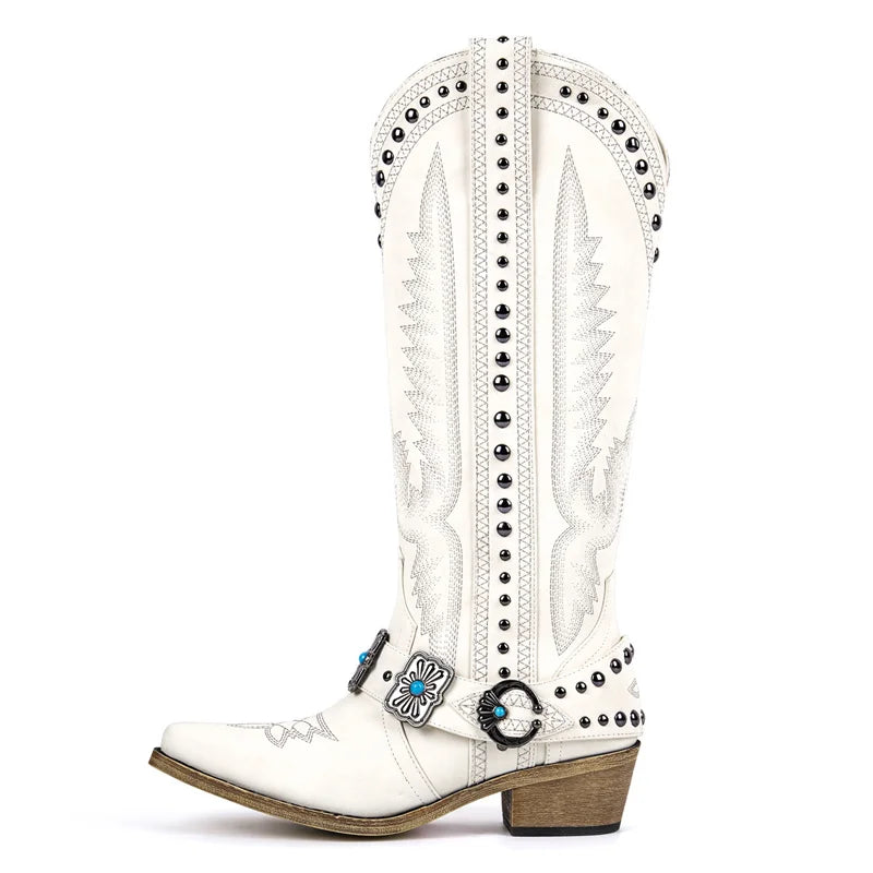 White cowboy boot with decorative studs and a buckle on a white background