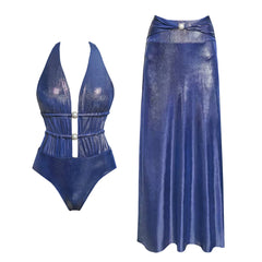 Metallic floral print one-piece swimsuit and maxi skirt.