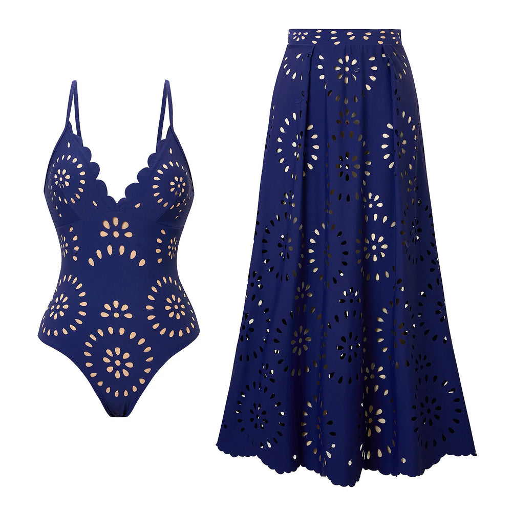Scallop neckline one-piece swimsuit with eyelet midi skirt in blue.