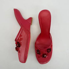 Embellished Mesh Wedge Mule Shoes