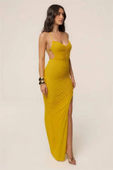 Ruched High Slit Spaghetti Strap Maxi Dress