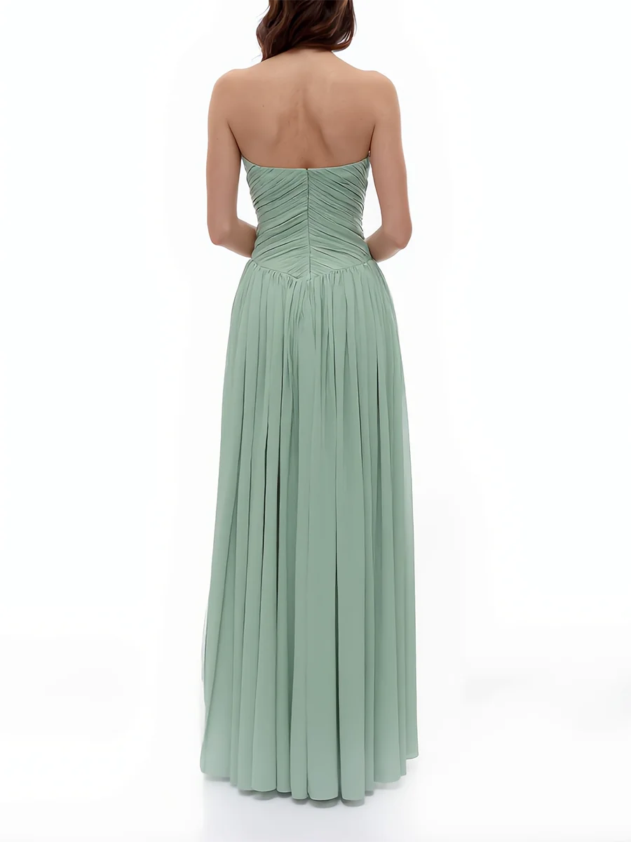 Back view of strapless ruffled floral applique gown