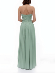 Back view of strapless ruffled floral applique gown