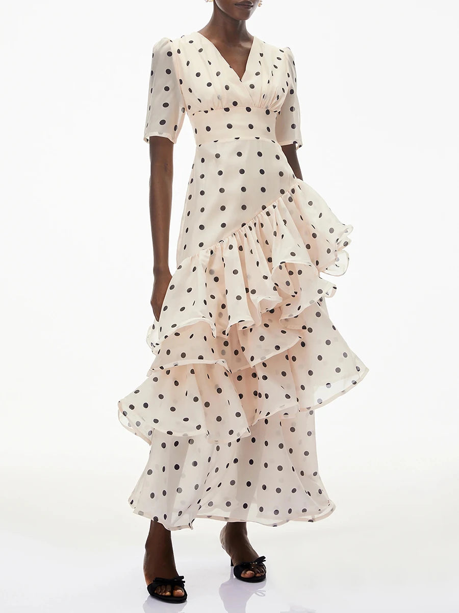V-neck tiered ruffle polka dot maxi dress in apricot