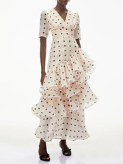 V-neck tiered ruffle polka dot maxi dress in apricot