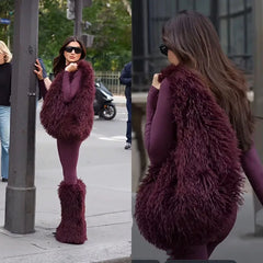 Textured Faux Fur Hobo Bag