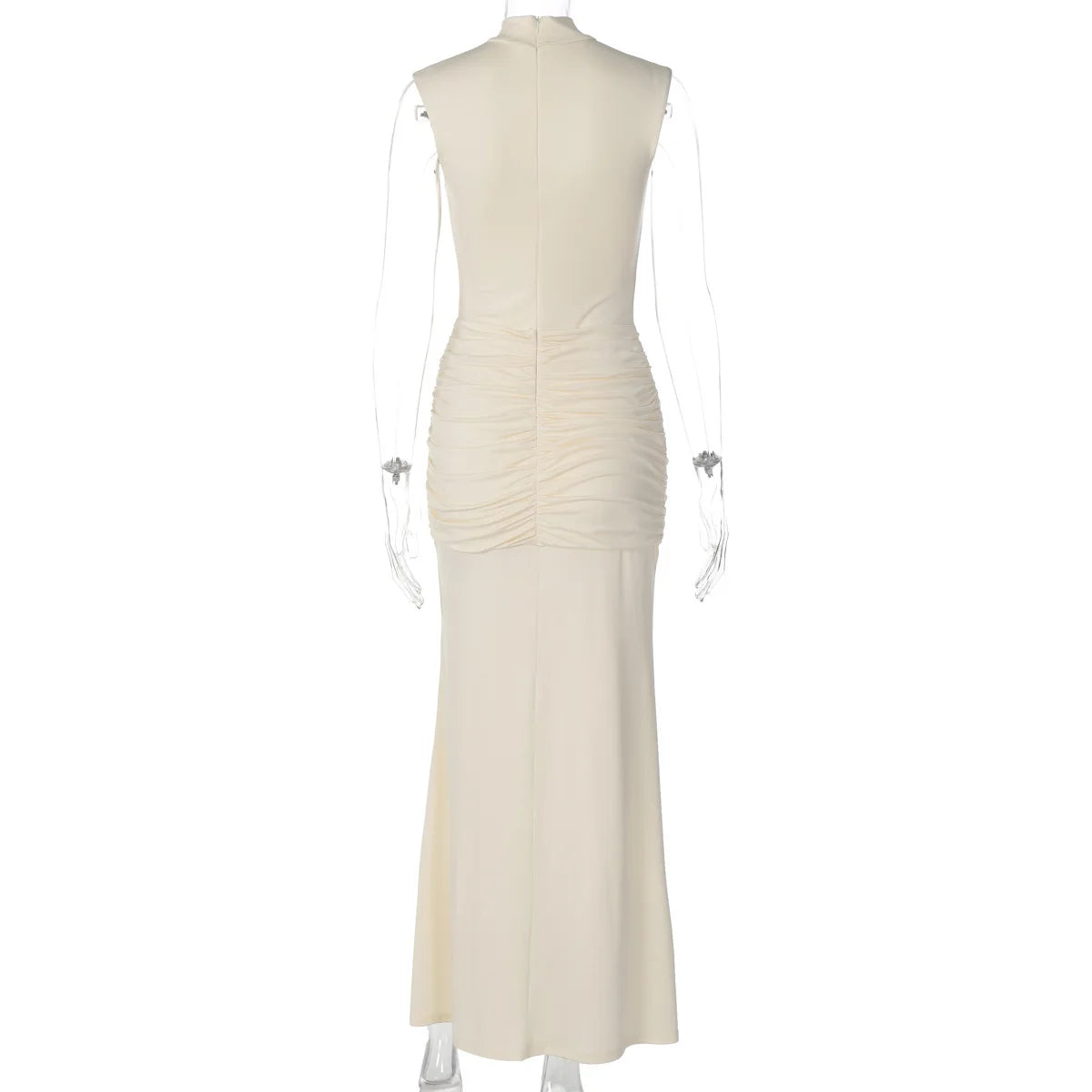 White evening gown on a mannequin against a white background