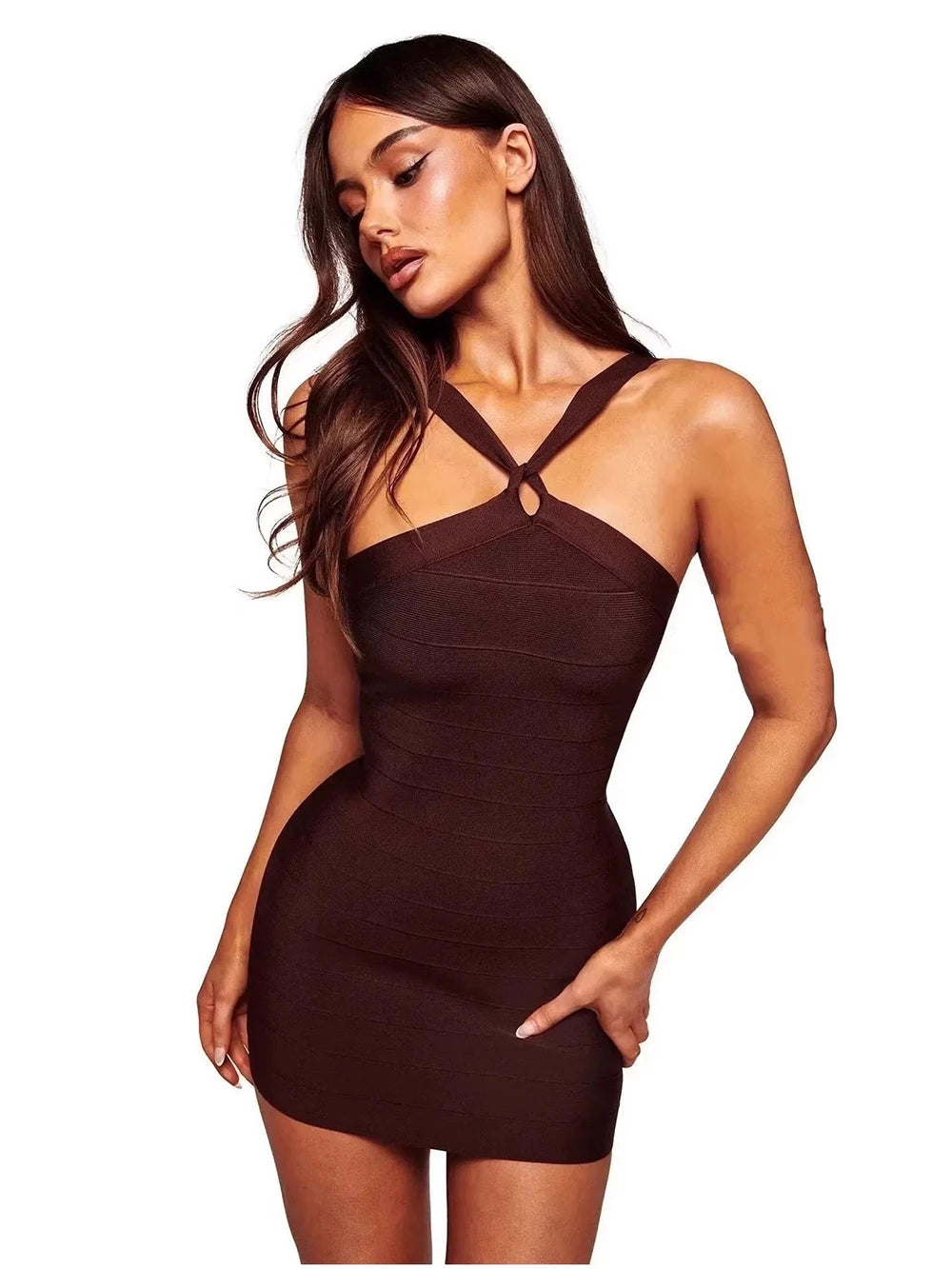 Halter neck cross detail mini bandage dress front view