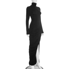 Turtleneck Long Sleeve Ruched Thigh High Split Long Dress
