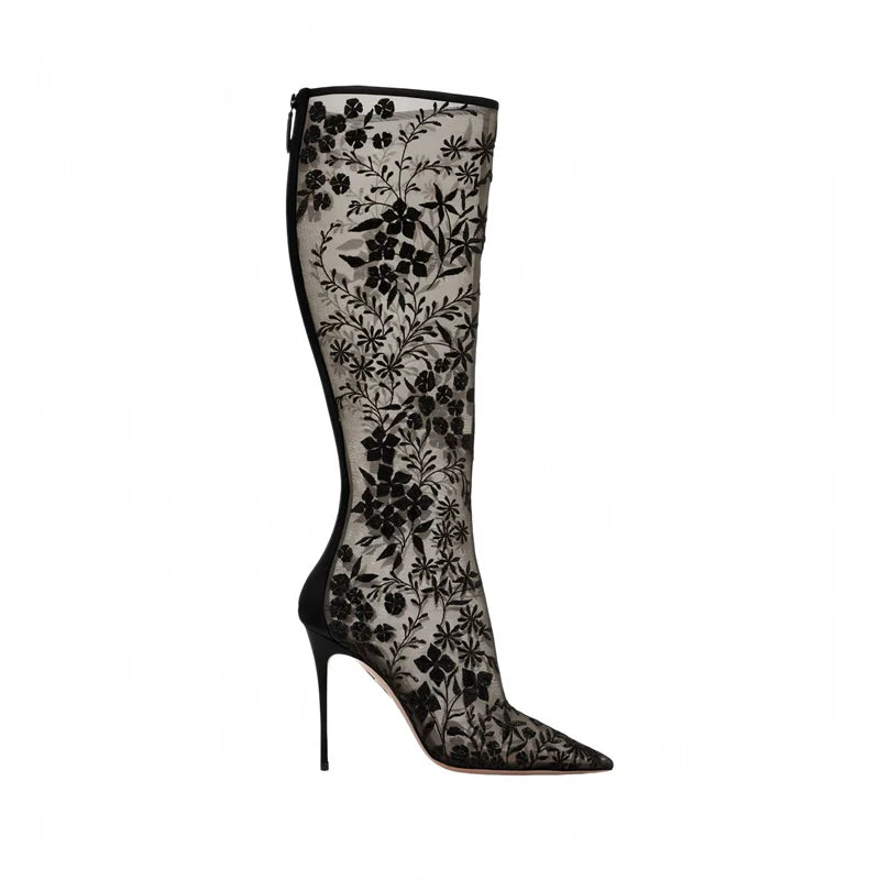 Black floral mesh knee-high stiletto boots