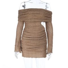 Beige Off-Shoulder Pleated Long Dress | Cozy Autumn Edit