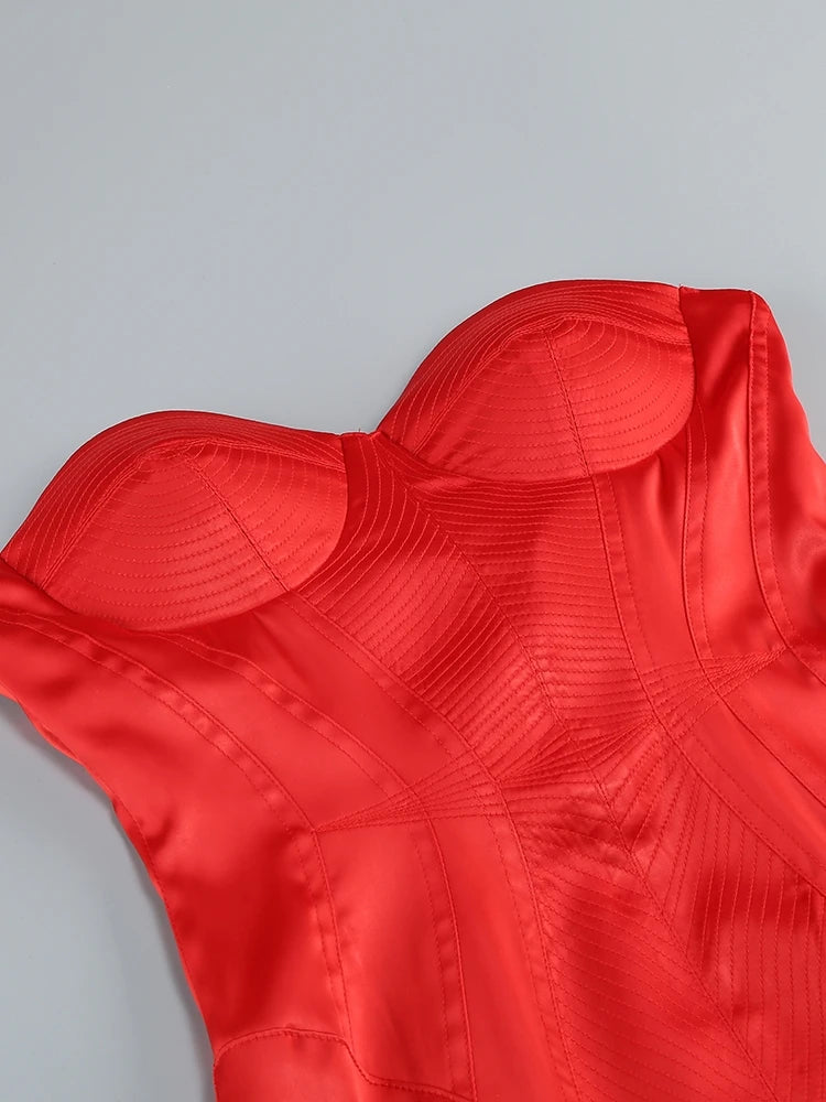 Red swimsuit top on a gray background