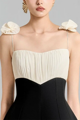 Spaghetti Strap Ruched Bodice Midi Dress with Floral Shoulder Applique