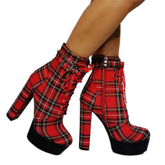 Plaid Platform Lace Up Chunky Heel Boots
