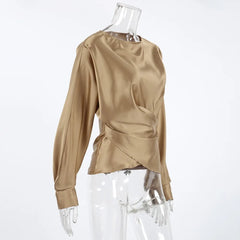 Gold Satin Round Neck Long Sleeve Bandage Design Blouse