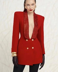  Red Deep V-Neck Open Back Long Sleeved Women Suit