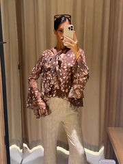Deer Print Tie Neck Flare Sleeve Shirt