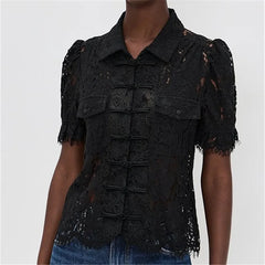 Black lace mandarin collar frog button puff sleeve shirt