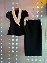 Black Lapel Tunic Top and High Waist Skirt Set with Peplum Detail