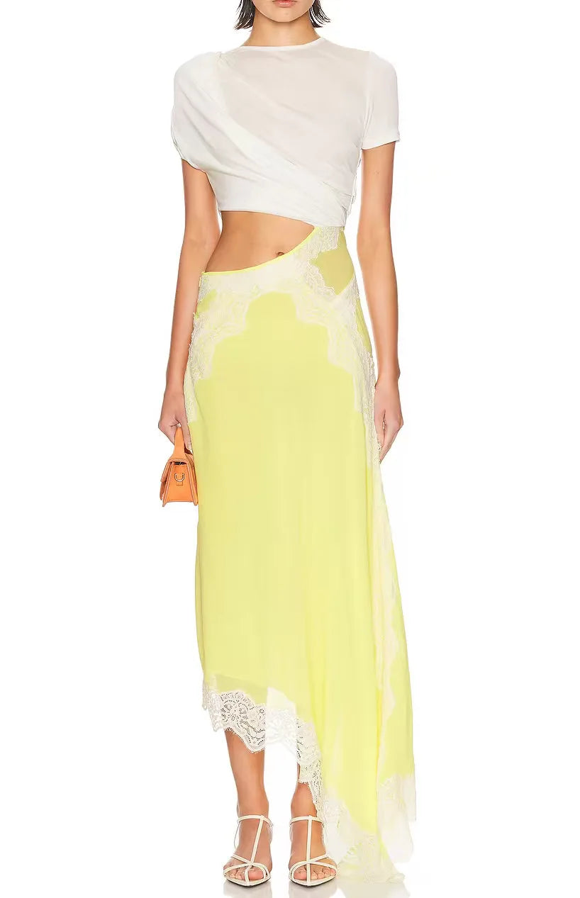Yellow variant of cutout lace trim asymmetrical dress on model